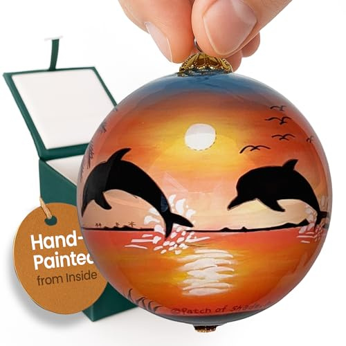Hand-Painted Dolphin Sunset Christmas Ornament – Tropical Beach and Sailboat Ocean Scene – Coastal Holiday Glass Ball Decoration, Nautical Collectible Ornament with Protective Gift Box