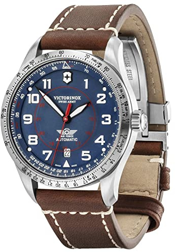 Victorinox Orologio Uomo Automatico AirBoss Mechanical, Ø 42 mm, Swiss Made, Impermeabile fino a 100 m, Vetro Zaffiro, Cinturino in Pelle, Blu/Marrone