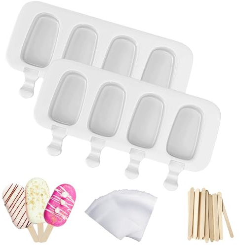 Ozera 2 Pack Popsicles Molds Set, Silicone 4 Cavities Oval Popsicle Cake Pop Molds for Homemade Cakesicles, with 50 Wooden Popsicle Sticks & Bags