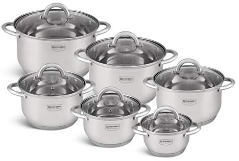 Edenberg - Juego de ollas de 12 elementos eb-4000 de cromo-níquel acero inoxidable INOX18 / 10. Ideal para cocinas de gas, eléctricas, halógenas, de cerámica e inducción.