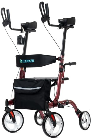 ELENKER Upright Rollator Walker, Stand Up Folding Rollator Walker Back Erect Rolling Mobility Walking Aid with Seat, Padded Armrests for Seniors and Adults, Red