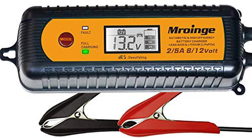 Car Battery Charger, Mroinge 5A 6V/12V Fully Automatic Smart Charger, Battery Maintainer, Trickle Charger and Battery Desulfator for Lead Acid and Lithium Batteries, with LCD Display, MBC050-LCD