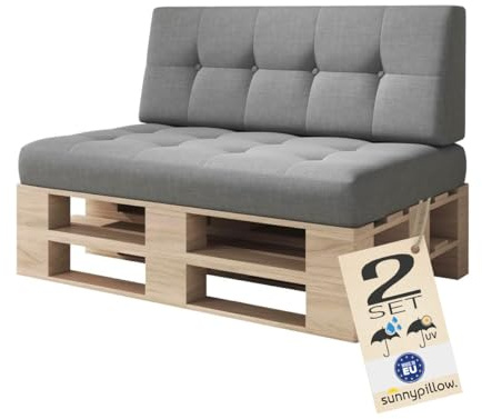 sunnypillow Palettenkissen Outdoor, UV-lichtecht, wasserdicht - 2er Set - Palettenauflage für Palettensofa für Haus und Garten - Palettenpolster für Palettenmöbel - Rückenkissen & Sitzkissen Grau