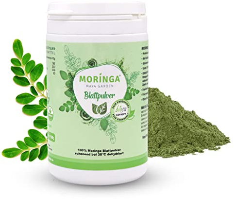 MAYA GARDEN Moringa Blattpulver 120 g, reines Moringa Pulver aus Moringa Oleifera, Rohkostqualität, faire Produktion, hochdosierte Inhaltsstoffe
