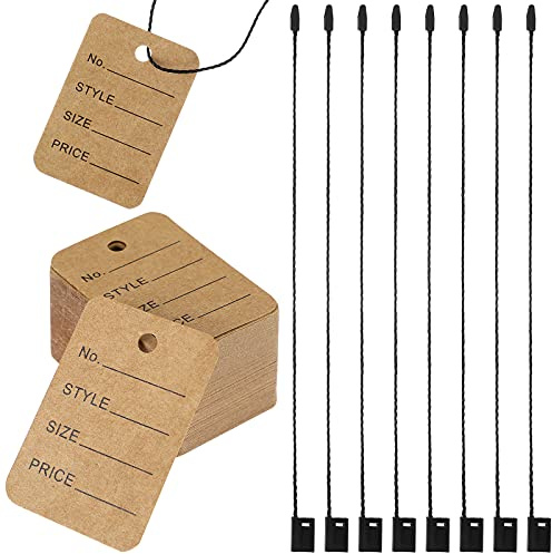 Outus 500 Pcs Price Tags with String Attached, 1.4''x 2'' Kraft Brown Hang Tag Nylon String Fastener Display Label Writable Size Number Style Price for Clothing Jewelry Retail Store Gift Sale Supplies