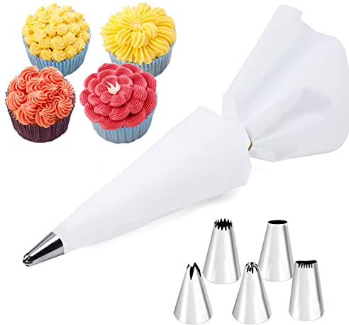 Blanco Set Decoración de Pasteles,5 Piezas Boquillas Pasteleras y 1 Piezas Manga Pastelera Reutilizables,Boquillas de Acero Inoxidable para Decoración de Pasteles.