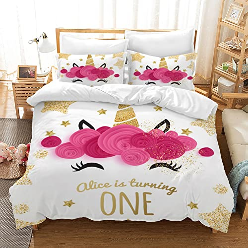 PQCXXA Set Copripiumino con Unicorno e 2 federe 50x75 cm Biancheria da letto per ragazze Rosa 3D Cartoon Unicorno Set copripiumino con stampa floreale colorata con cerniera (Unicorn 3, 220x240cm)