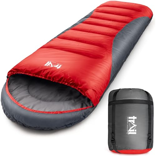 Trail Sacco a Pelo con Cappuccio Alpine 400, Sacco a Pelo 4 Stagioni con Doppia Imbottitura da 400 g/mq in Fibra Cava Extra Calda e Cerniera a Due Direzioni – Leggero e Compatto, con Custodia