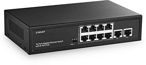 10 Port Gigabit PoE Switch, 8 Port PoE+ and 2 Uplink, 10/100/1000Mbps, IEEE802.3af/at Max 120W, Fanless Unmanaged Plug&Play Ethernet Switch