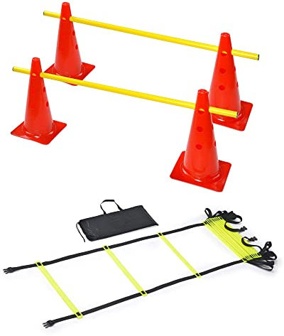 RHINOS sports Agility Trainings-Set | Koordinationsleiter 4m inkl. Tasche + Steckhürdenset 2er | 4 rote Kegel: 38cm | 2 gelbe Stangen: 1m