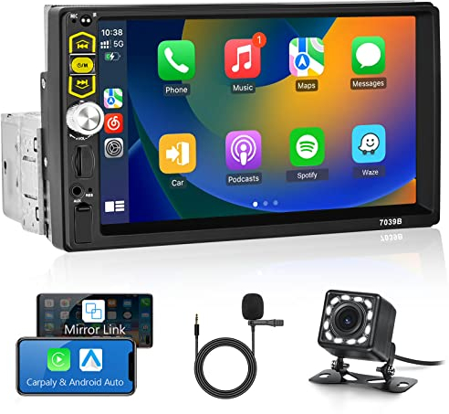 Hodozzy 1 Din Autoradio CarPlay et Android Auto, 7 Pouces MP5 Poste Radio Voiture 1 Din avec Ecran Bluetooth Single DIN Lien Miroir pour iOS/Android FM Radio EQ AUX/USB/TF/ + Caméra de recul
