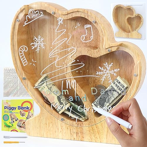 Lakpopya Hucha de Madera Grande para Infantil Adultos Hucha Cerdito Personalizada de A-Z con Zona de Destino Hucha Billetes Transparente para Regalo Decoración Bautizo (Corazón-2)