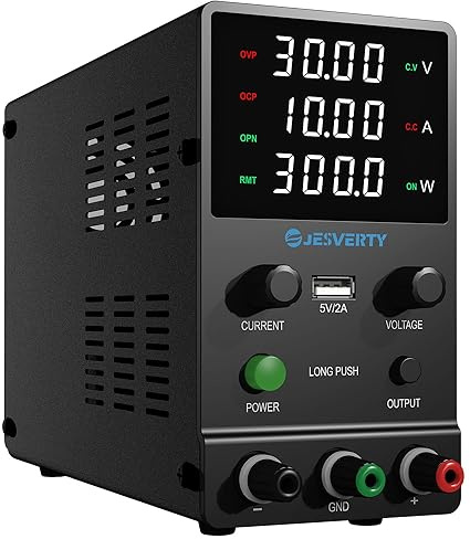 Fuente de alimentación CC Variable, 0~30V 0~10A Fuente de alimentación de Banco Ajustable con Perilla codificadora, Control de Salida, Pantalla LED de 4 dígitos de Alta precisión, Puerto USB 5V/2A