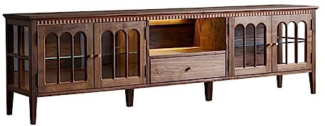 ARINAL TV-Schrank Retro-TV-Schrank, niedriger Wohnzimmerschrank, schwarzer Walnuss-Glas-Spind mit Lampe, Bodenschrank, Sideboard Unterhaltungszentrum