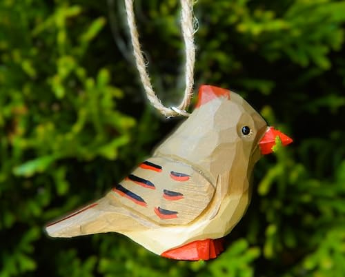 Selsela Female Cardinal Red Bird, Wooden Ornament - Hand-Carved Hanging Figure Red Bird Decoration,