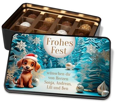 True Statements Pralinendose personalisiert Weihnachten – 12 Confiserie-Pralinen in Metalldose mit 3D Motiv Hund – Geschenk mit Namen