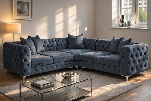 Snooze Monaco 3 and 2 Seater Sofa Sets, Corner Sofas For Living Room, Upholstered Plush Fabric 3 Seater Velvet Sofas (Space Grey Velvet, 5 Seater Corner Sofa)