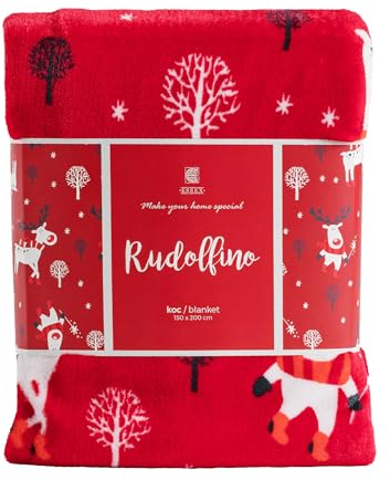 ESSEX - Kuscheldecke 150x200 cm RUDOLFINIO, Flauschige Decke, Leicht Und Hält Warm Sofadecke Kuschelig, Modernes Design Wohndecke, Robust Couchdecke mit Weihnachtsthema - Rot