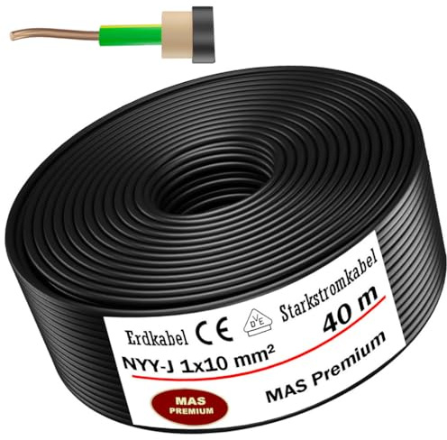MAS Premium 5-100m Erdkabel Starkstromkabel NYY-J 1x4, 6, 10, 16 oder 25 Elektrokabel OFC Ring zur Verlegung im Freien, Erdreich (NYY-J 1x10 mm², 40m)