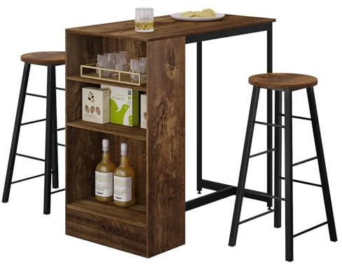 WOLTU Essgruppe, Esszimmergruppe, Stehtisch mit 2 Barhockern, 3-teiliges Bartisch Set, Küchentisch mit 3 Ebenen, Bistrotisch für Küche Esszimmer Bistro Vintage-Holzoptik+Schwarz