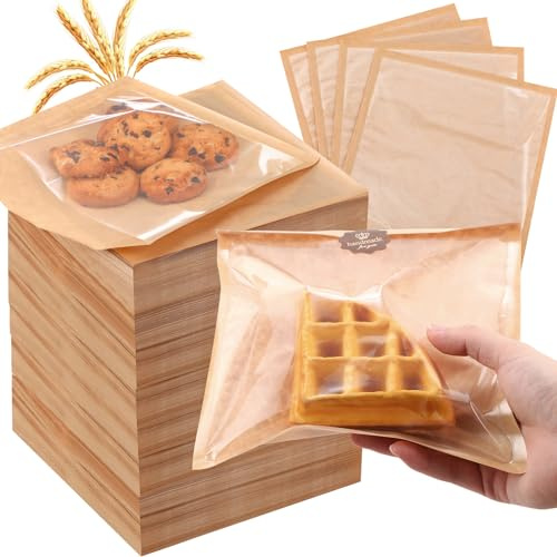 Yeaqee 1000 Pcs Bakery Bags 7.1 x 7.5 Inches Heat Sealable Donut Bag with Window Paper Sandwich Bag Grease Resistant Cookie Packaging Kraft Sleeves for Pastries Snacks Egg Biscuits Treat (Brown)