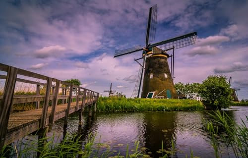 GUOHLOZ Puzzle 1500 Teile Classic Puzzle DIY Kit HolzUnique Gift Home Decor, Kanal, Niederlande, Windmühle, Kinderdijk, 87x57cm