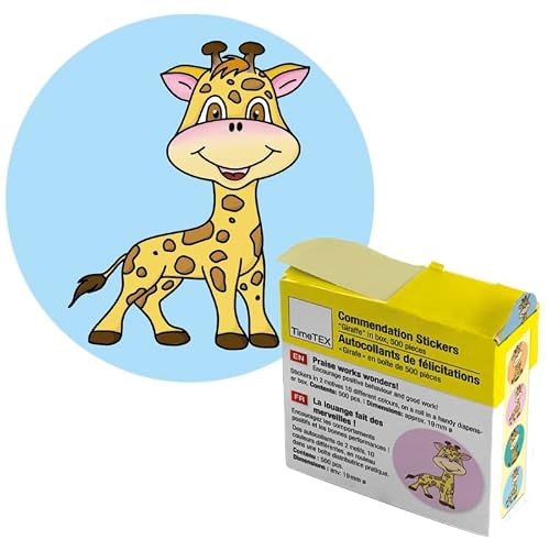 TimeTEX – Belöningsdekal Giraffe | Lärarklistermärken för motiverande feedback | 500 klistermärken i praktisk dispenserbox | 2 motiv med olika färgade bakgrunder | 19 mm ø