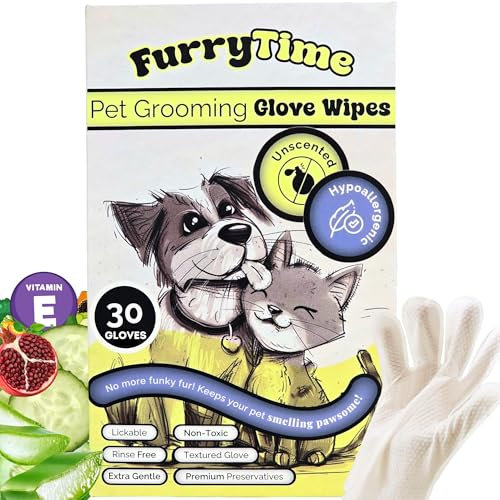 FURRYTIME Pet Glove Wipes for Dog & Cat Cleaning + Grooming | Hypoallergenic Dry Bath - Waterless Wash Puppy, Kitten Paws, Ears, Coat, Eye Area, Butt | Dog Wipes, Cat Wipes | Finger Wipes | 30 Gloves