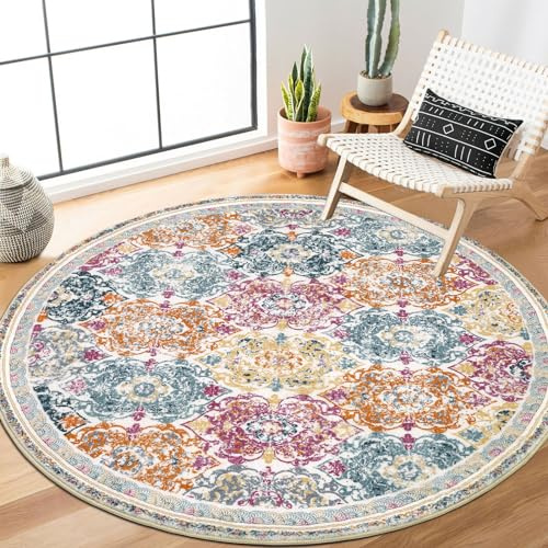 Enyhom Runda mattor för vardagsrum 120 cm, vintage golvmatta maskintvättbar boho-matta, golvmatta, halkfri mjuk cirkelmatta för sovrum, heminredning, färgglad