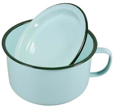 Zerodeko Enamel Soup Bowl with Lid Vintage Style Large Noodle Bowl for Ramen Rice Pasta Camping Kitchen Serving