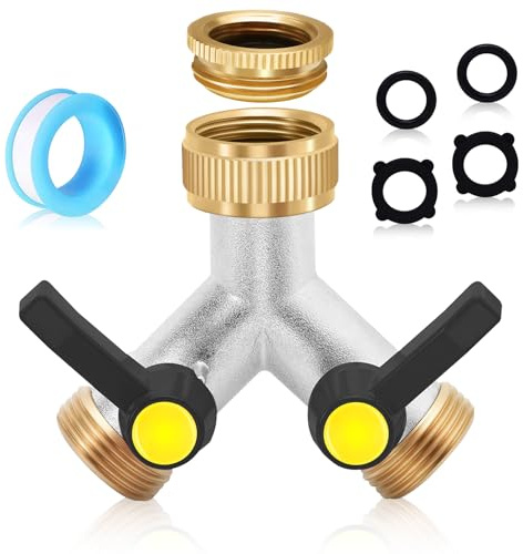 Tap Y Garden Hose Splitter, Brass 3/4” 2 Way Tap Manifold with 2 Individual On/Off Valves and Extended Handles, Pipe Hose Connector for Home Garden Outdoor