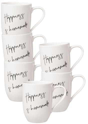 Villeroy & Boch - Statement, Becher mit Henkel 6er Set, Happiness is Homemade, 280 ml, Kaffeebecher mit Sprüchen, Premium Porzellan, Weiß-Schwarz