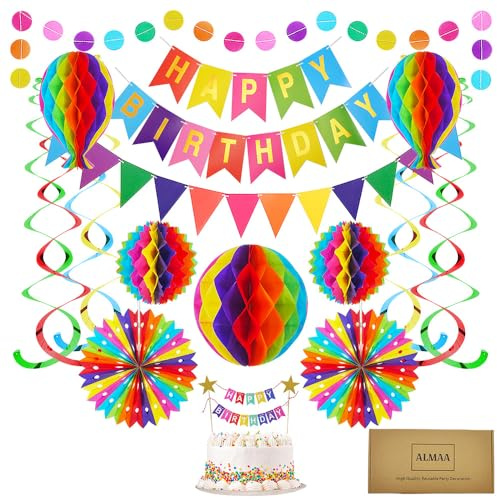 Premium Reusable Birthday Party Decorations Set - Party Supplies - Happy Birthday Banner, Honeycomb Decorations, Pom Poms, Streamers, Cake Topper