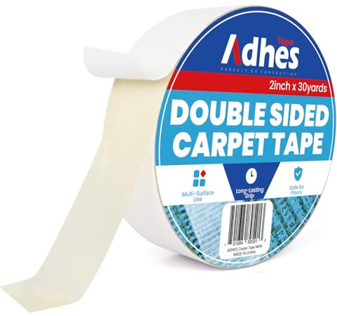 ADHES Cinta de Alfombra de Doble Cara Pesada, 50MM x 27M x 1 Rollo, Blanco Desmontable, Sin Clip de Alfombra Antideslizante Residual, Adecuada para Suelos de Madera Dura