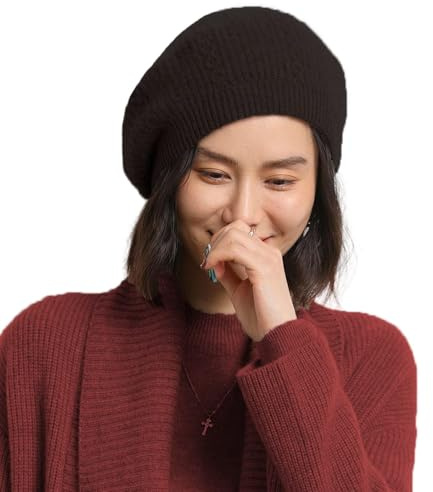 Ailaile Baskenmütze für Damen, 100 % Merinowolle, warm, gestrickt, übergroß, Beige