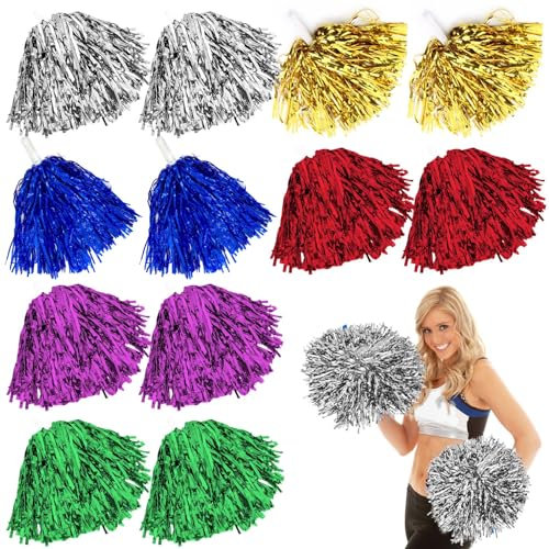 12 Stücke Cheerleading Pompons: Pom Poms Cheerleading mit Griffen Pom, Hell Metallic Cheers Ball Zum, Schön Pompons Cheerleader Hand Blumen-Bänder für Sportwettbewerb Tanzen Cheers Erwachsene Kinder