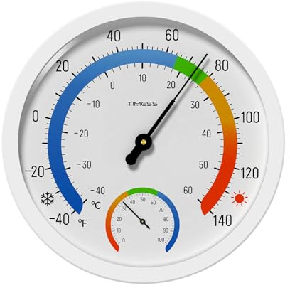 Termoigrometro per interni ed esterni, 25,4 cm, senza batteria, doppio quadrante, grande numero, analogico, termometro igrometro da parete, classico monitor di umidità della temperatura per patio