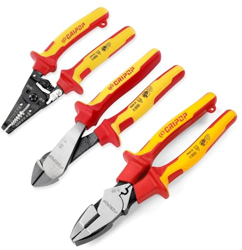 CRIPOP 3 PCS Insulated Pliers Tool Set, 1000V Insulated Electrical Tools Kit with Wire Stripper/Linesmen's/Diagonal Pliers, VDE Certified