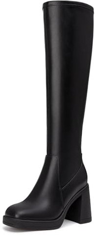 Athlefit Black Knee High Boots for Women Platform Chunky High Heel Tall Boots Square Toe Fashion Dress Long Heeled Booties Size 7.5