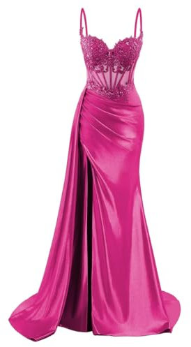Vestidos de dama de honor de satén para mujer para boda con abertura, vestidos de graduación, vestidos de cóctel, talla grande, fucsia, 38