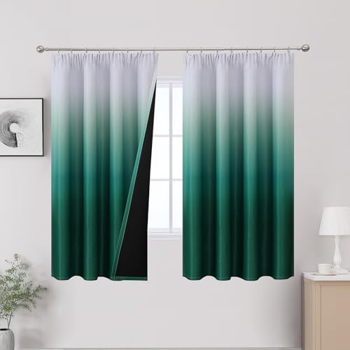 VEHEDE Thermovorhang Kälteschutz Kräuselband Ombre Vorhänge für Schlafzimmer, Lärmreduzierung Gradient Vorhang Blackout Curtains Verdunkelung Vorhang, 2er Set, Dunkelgrün und Weiß,H160 x B132 cm