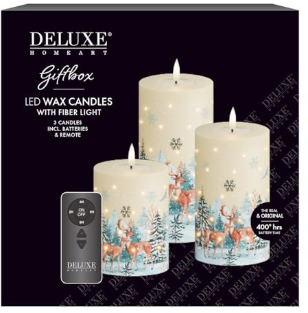Deluxe Homeart Giftbox - Set di 3 candele LED color crema con luci a fibre ottiche con telecomando, in vera cera, motivo neve, renna e albero di Natale, senza fiamma, decorazione natalizia