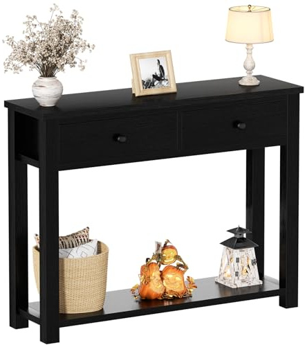 Homieasy Farmhouse Console Table with 2 Drawers, 32 Inch Small Sofa Table with Storage Shelf for Living Room, Behind Couch, Entryway Table for Hallway, Living Room, or Foyer, Black