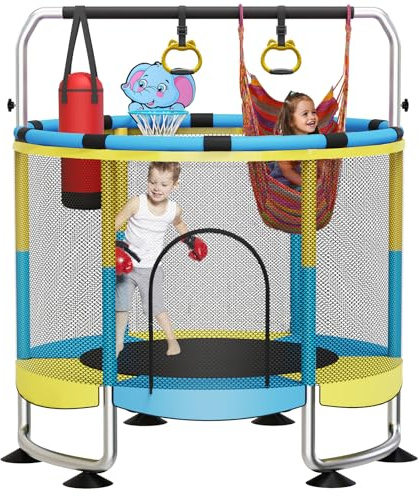 Trampolin Kinder, 150cm Kinder Trampolin Outdoor/Indoor, 200kg verstellbares,mit Basketballkorb und Gehäuse,Geschenke für Jungen und Mädchen Rosa