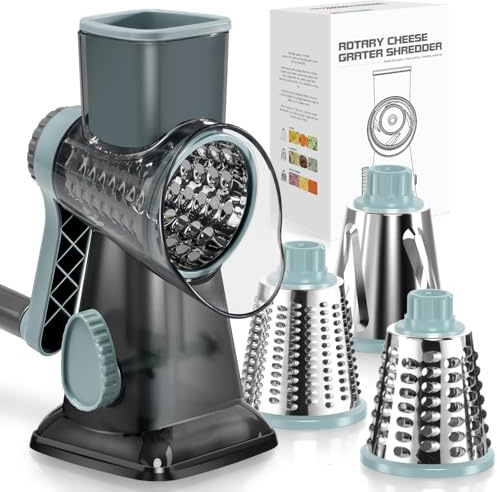 Dreamhigh® Mandoline de Cuisine Manuelle, Coupe Legumes Multifonctions avec 3 Lames de Tambour Détachables, coupe legume pour Pommes de Terre, Forte Aspiration, Carottes, Fromage, Noix, etc