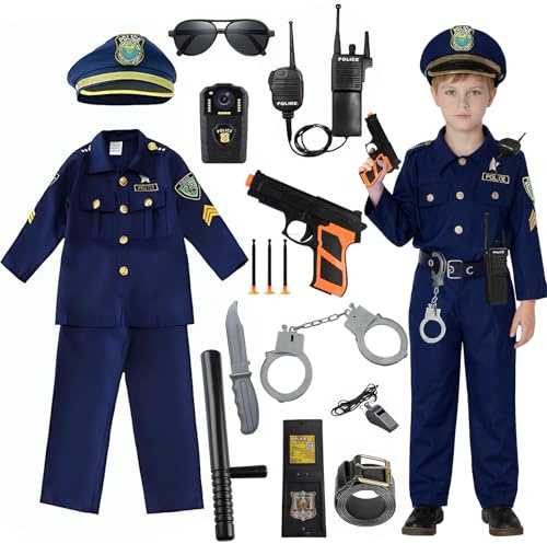 XM-mengpanwei Disfraz Policia Niño, Disfraz de Policia Niño de Juego Rol,con Policía Camisa Pantalones Cinturón Sombrero Policía Placa Esposas Porra Police Walkie Talkie para Niños Halloween Carnaval