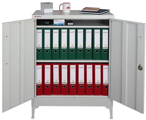 PROREGAL Aktenschrank Elephant abschließbar aus Metall mit Beinen & 2 Türen 80 cm breit 2 Ebenen Lichtgrau Mehrzweckschrank 103x80x40cm Büroschrank Metallschrank Aufbewahrungsschrank Ordnerschrank