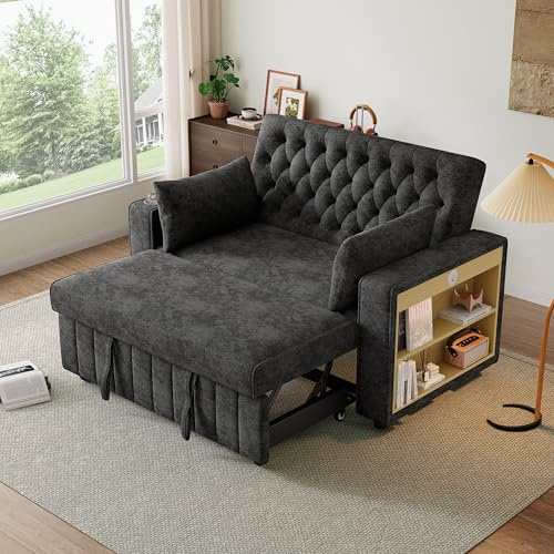 Multifunktionales Schlafsofa, modernes Klappsofa mit Stauraum und Schlaffunktion, Getränkehalter, USB-Ladeanschluss und Kissen, platzsparende Couch für Wohnzimmer, Schlafzimmer und Gästezimmer (Gray)