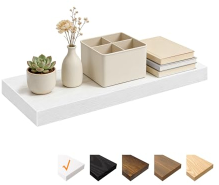 RICHER HOUSE White Floating Shelves for Wall, 60 x 23.5 x 3.8 cm Wooden Shelves, Wall Decor with Invisible Brackets for Bedroom, Living Room, Bathroom, Kitchen, Laundry, Office