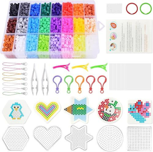 5mm Große Bügelperlen, Bügelperlen mit 5 Steckplatten, 24 Farben M-axi Steckperlen mit Platten, Muster and Bügelpapier, Kreatives Perlenset für Kinder ab 3 Jahren
